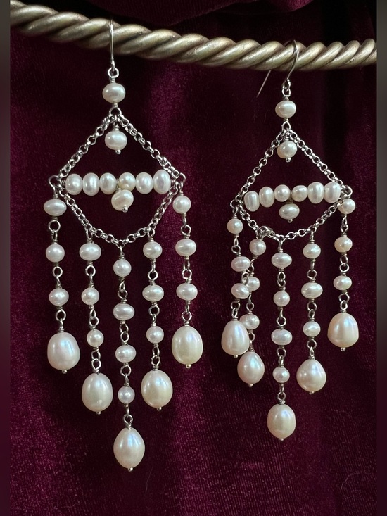 Worl Wide Jewelry - Vintage WW 925 Sterling Genuine Pearl Chandelier Bridal Statement Earrings 15g